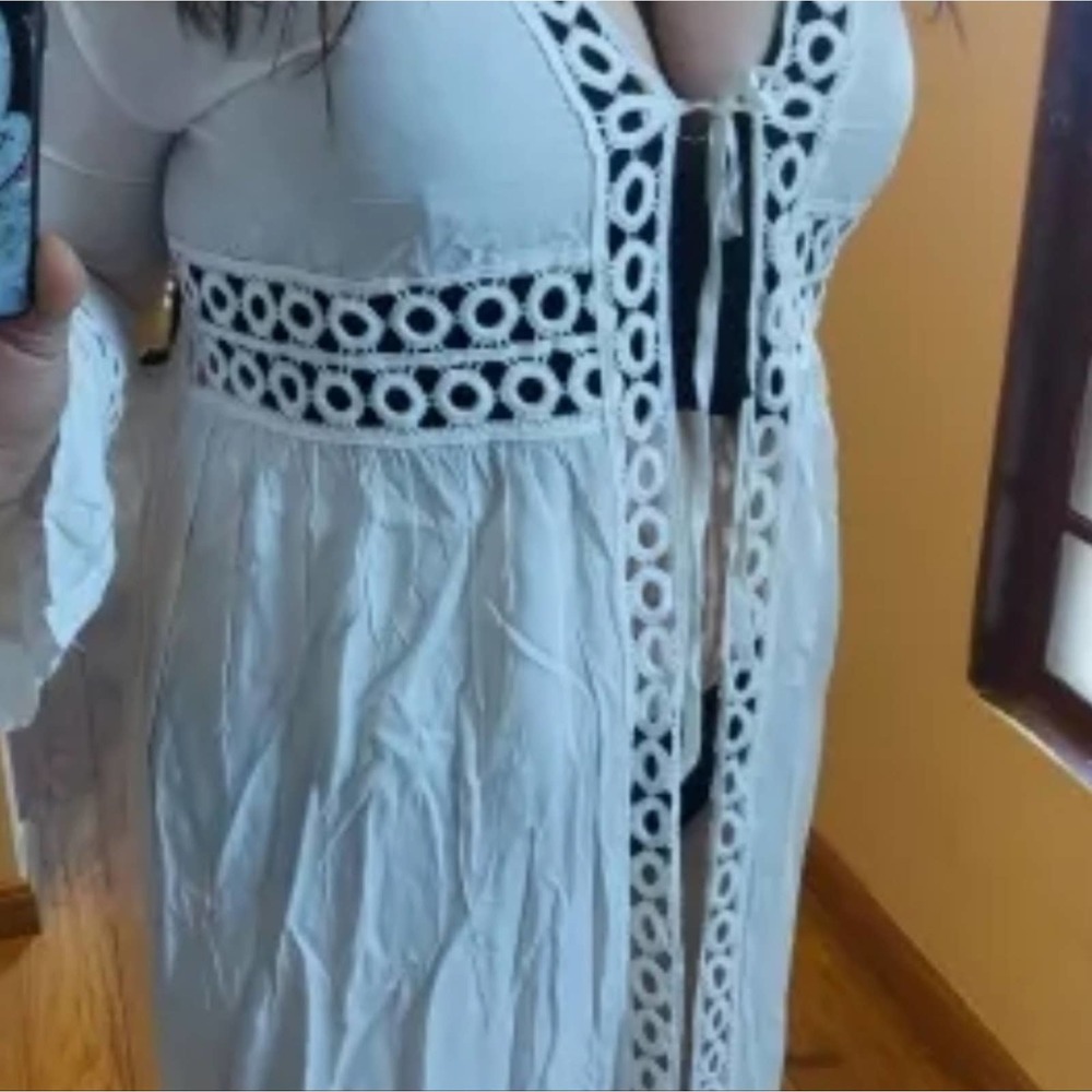 NWT White Linen Like Long Sleeve sheer tie front swim crochet Boho coverup - Picture 4 of 6